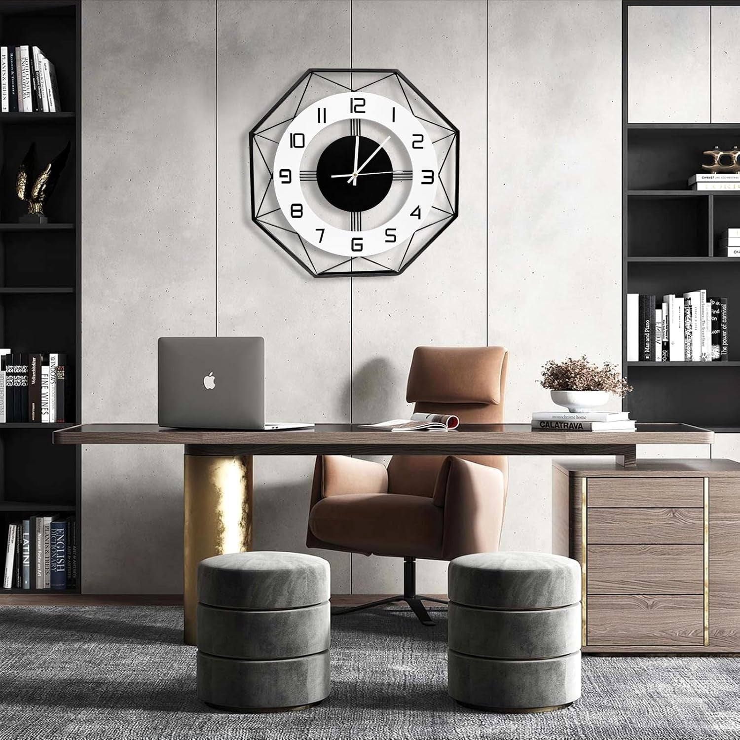 27.5" Silent Wall Clock Black White Modern Large Metal Office Decor