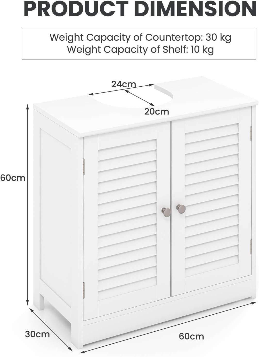 White Under Sink Bathroom Cabinet with Shutter Doors & Adjustable Storage Shelf