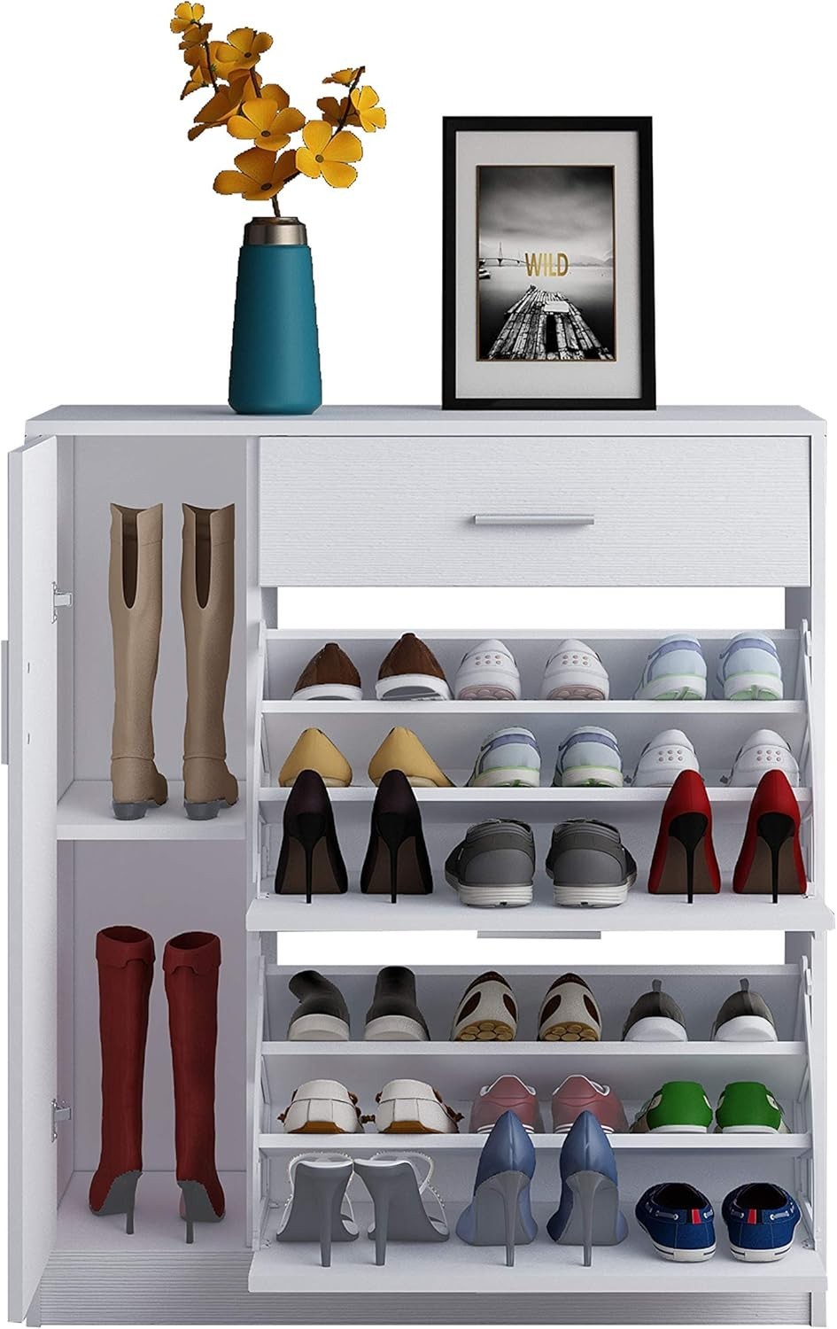 Modern White Shoe Cabinet with Drawer & 18-Pair Pull-Down Storage Rack