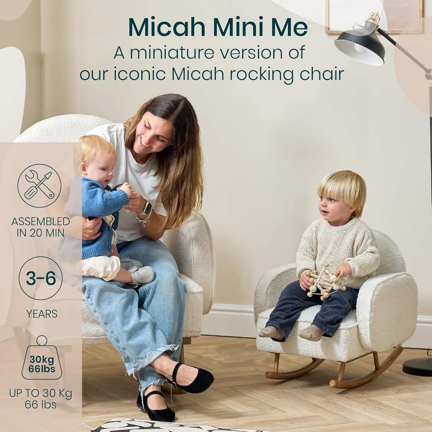 Kids Rocking Chair with Soft Bouclé, Rubberwood Frame, Toddler Safe