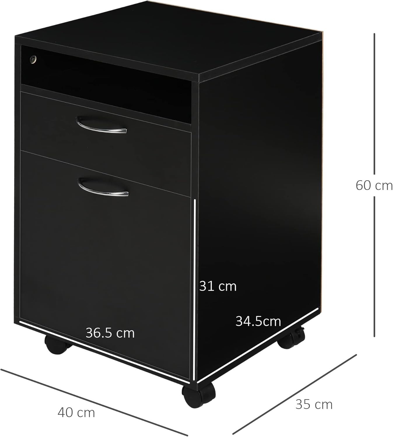 Black Mobile Filing Cabinet with Wheels Drawer Storage Home Office Without Key