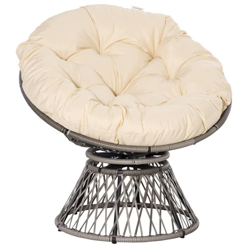 Rattan Swivel Papasan Chair Outdoor Round Wicker Seat w/ Cushion Beige 360°