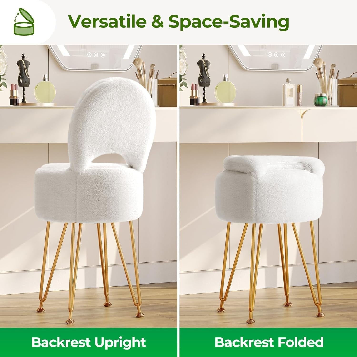 White Velvet Vanity Chair Large with Storage Foldable Backrest Footstool
