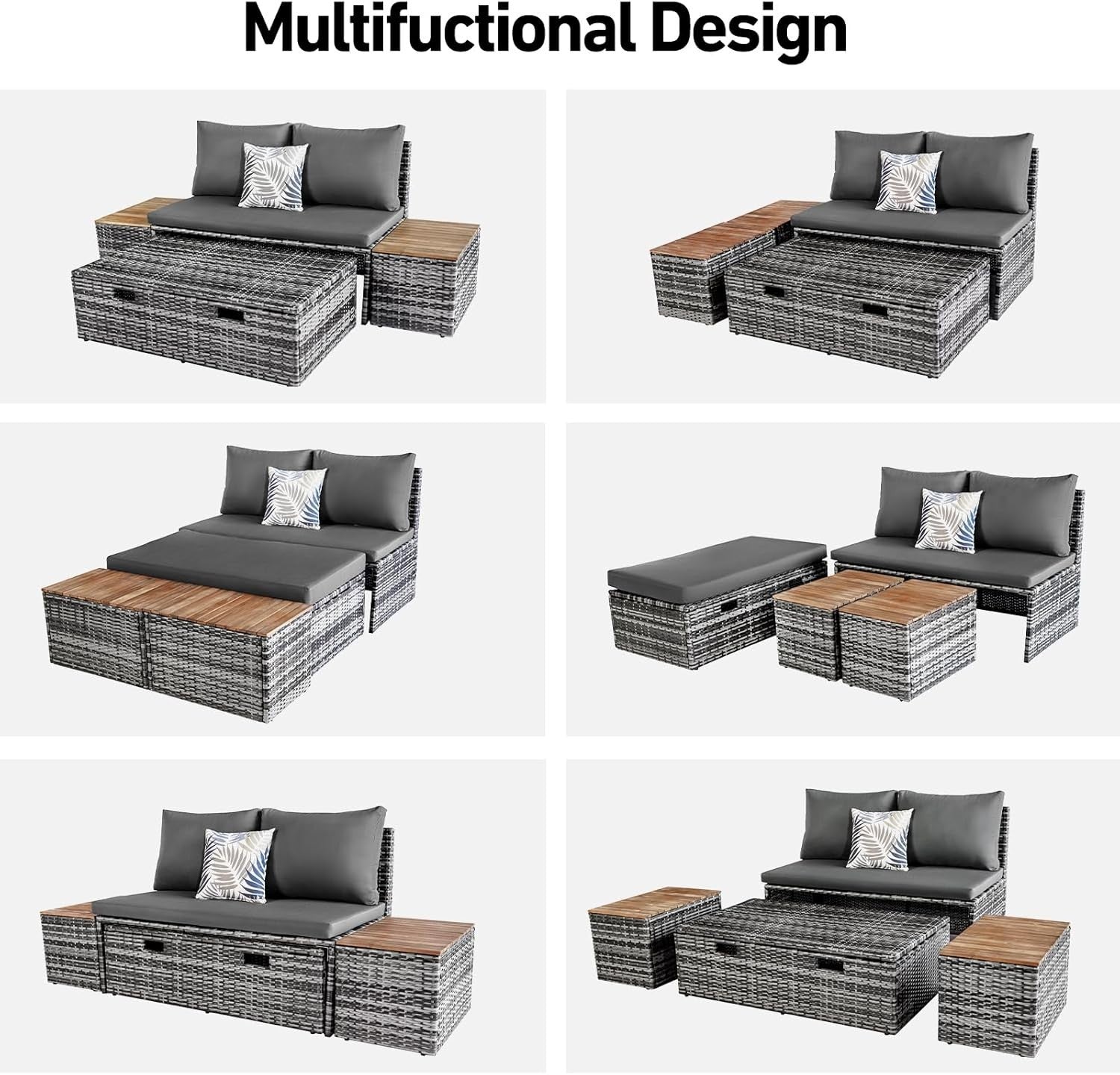 Outdoor Rattan Daybed Set with Storage Ottoman & Side Tables, Weatherproof Patio