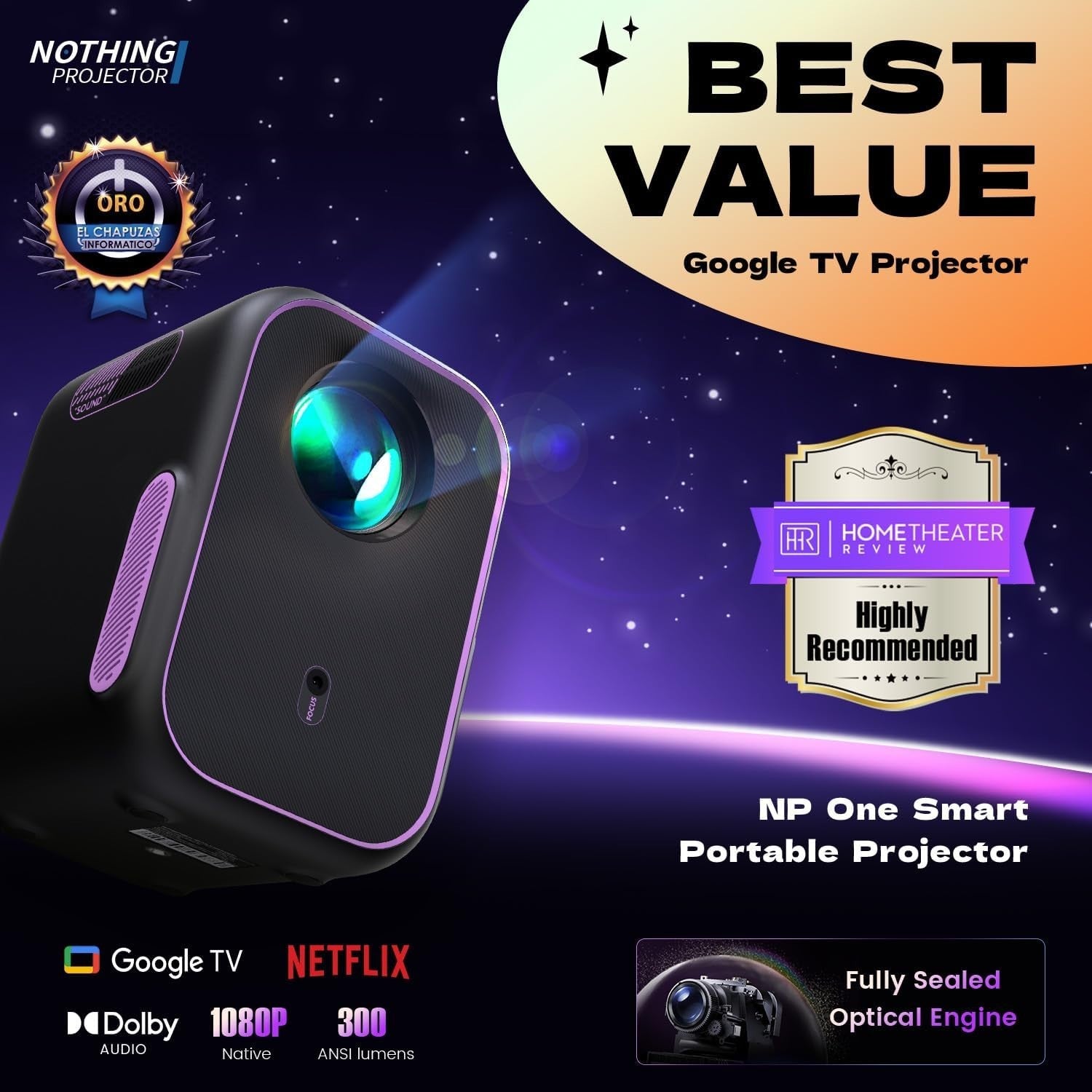 1080P Smart Mini Projector Google TV WiFi Bluetooth 4K Dolby Audio