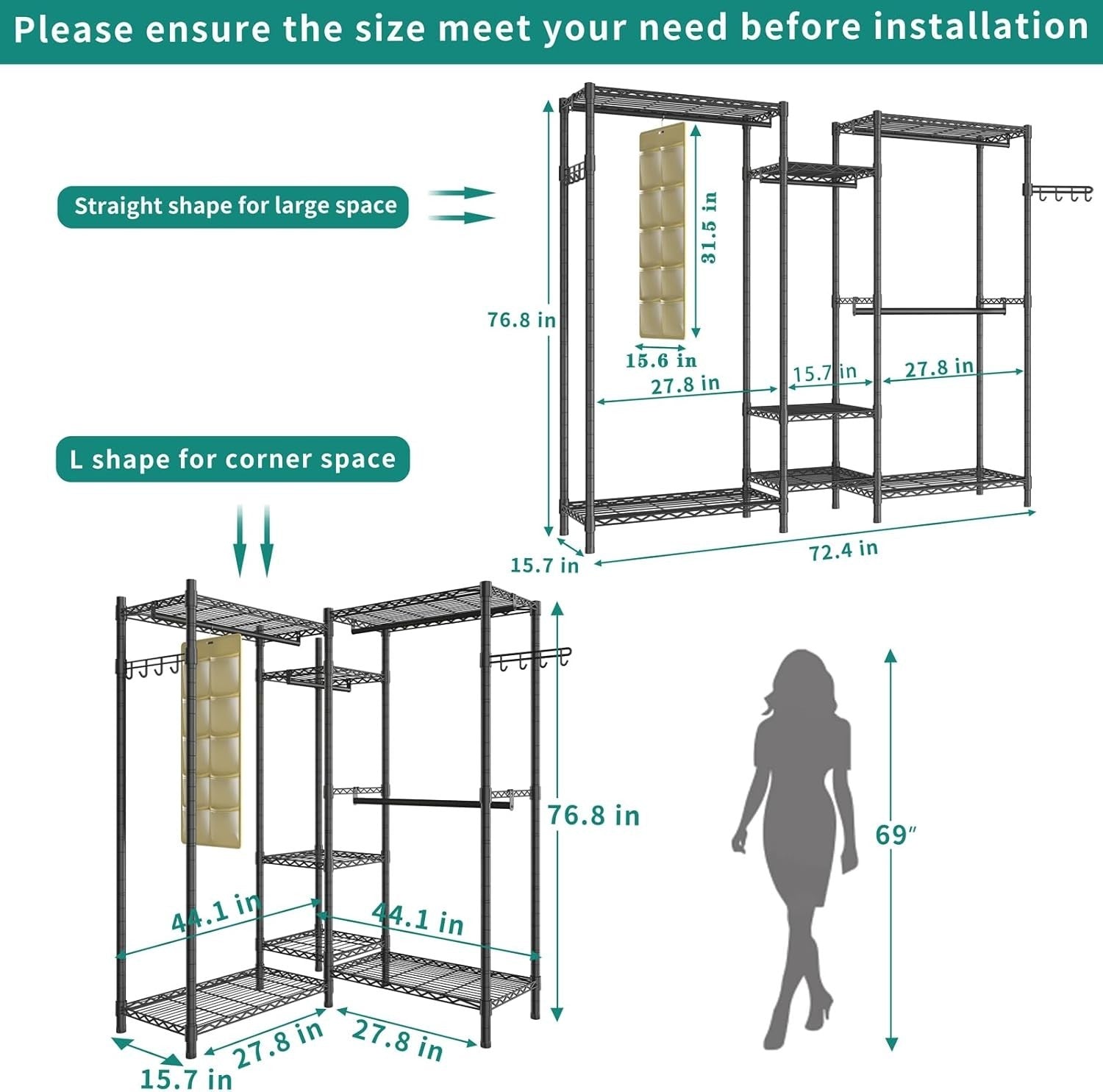 Heavy Duty Garment Rack 7 Tier Shelves 4 Rods Organizer Black