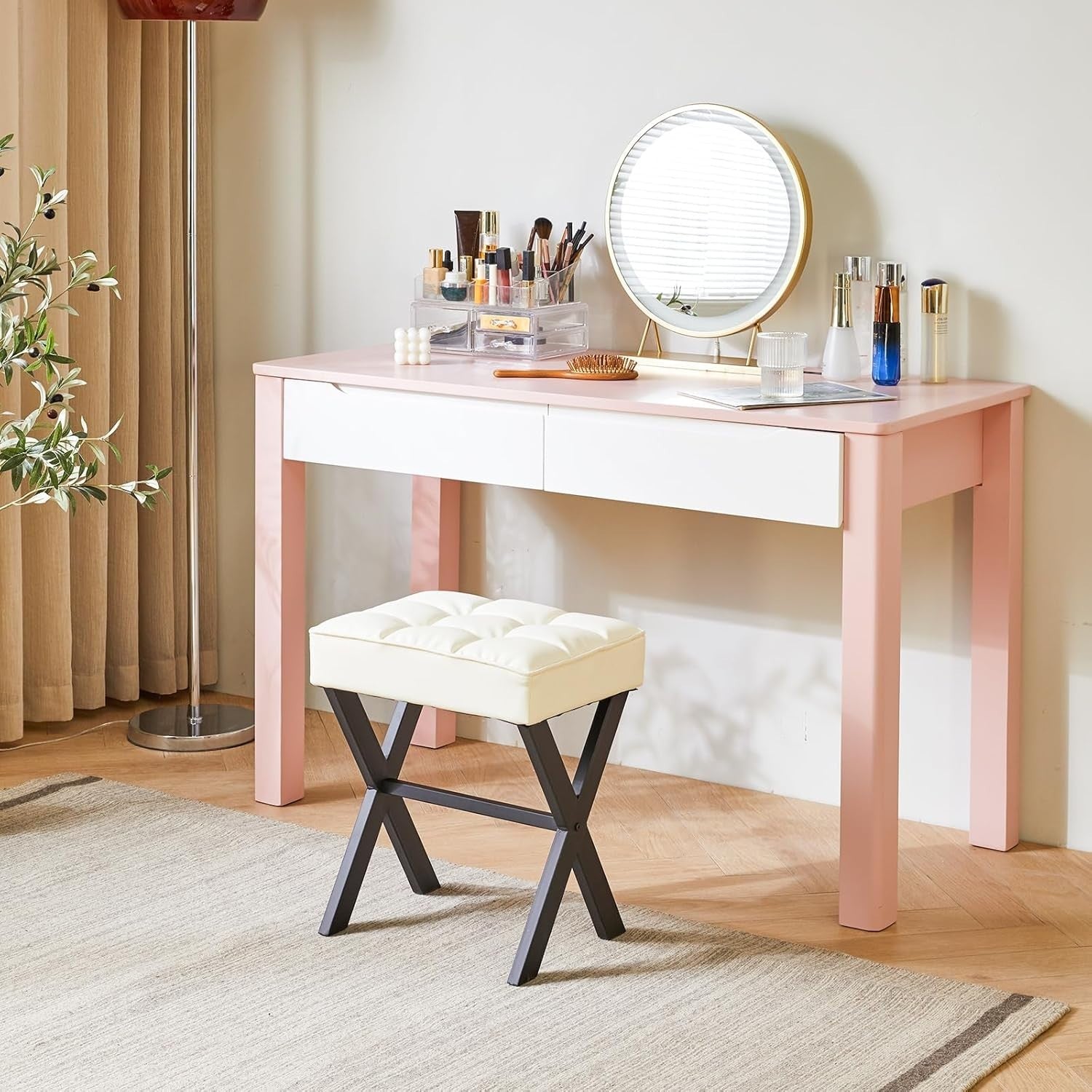 White PU X-Leg Vanity Stool – Square Makeup Seat & Footrest for Bedroom