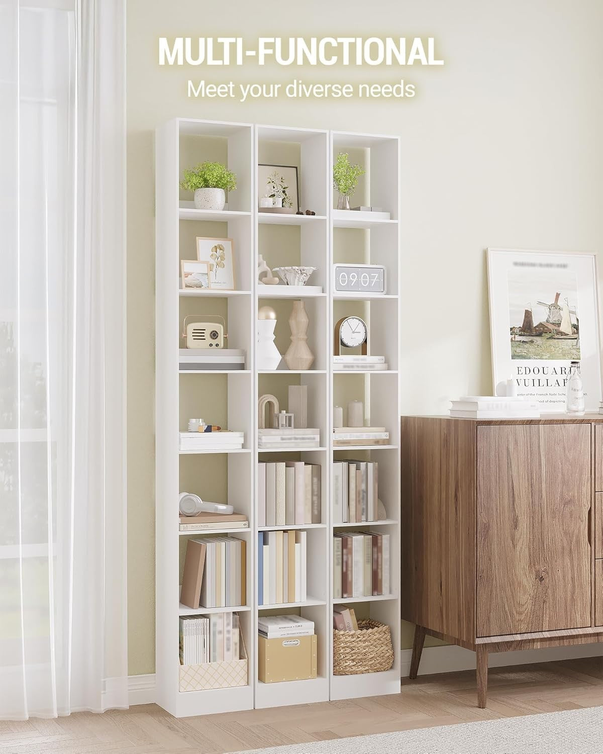 Modern 7-Tier White Wooden Bookshelf, Adjustable Shelves, 24x30x214 cm