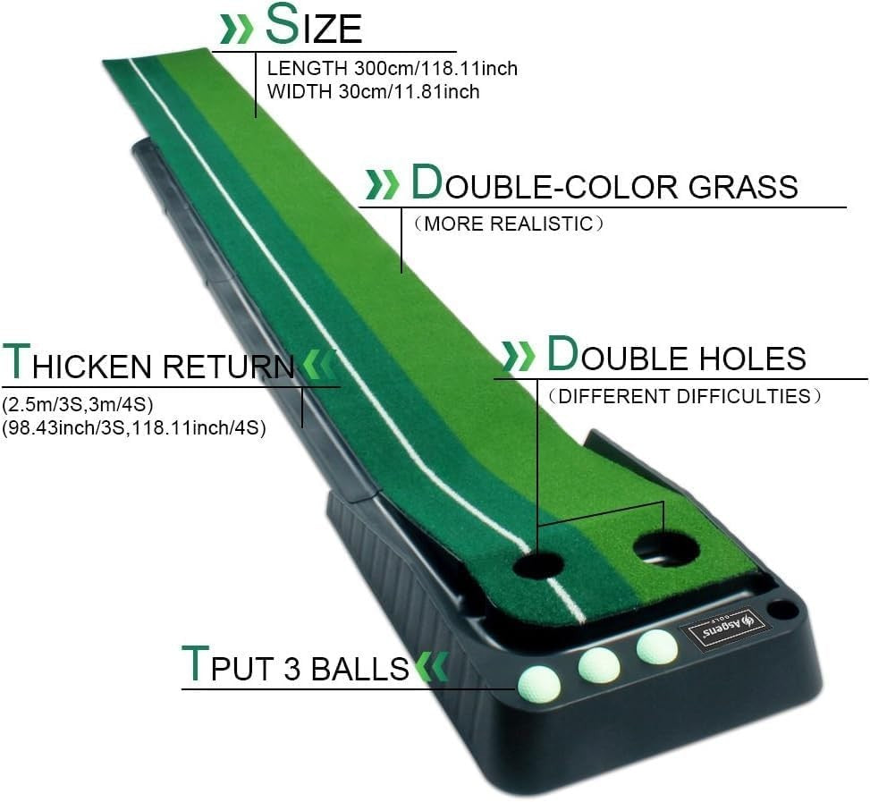 Indoor Golf Putting Mat 9.8ft Automatic Ball Return Practice Green Set