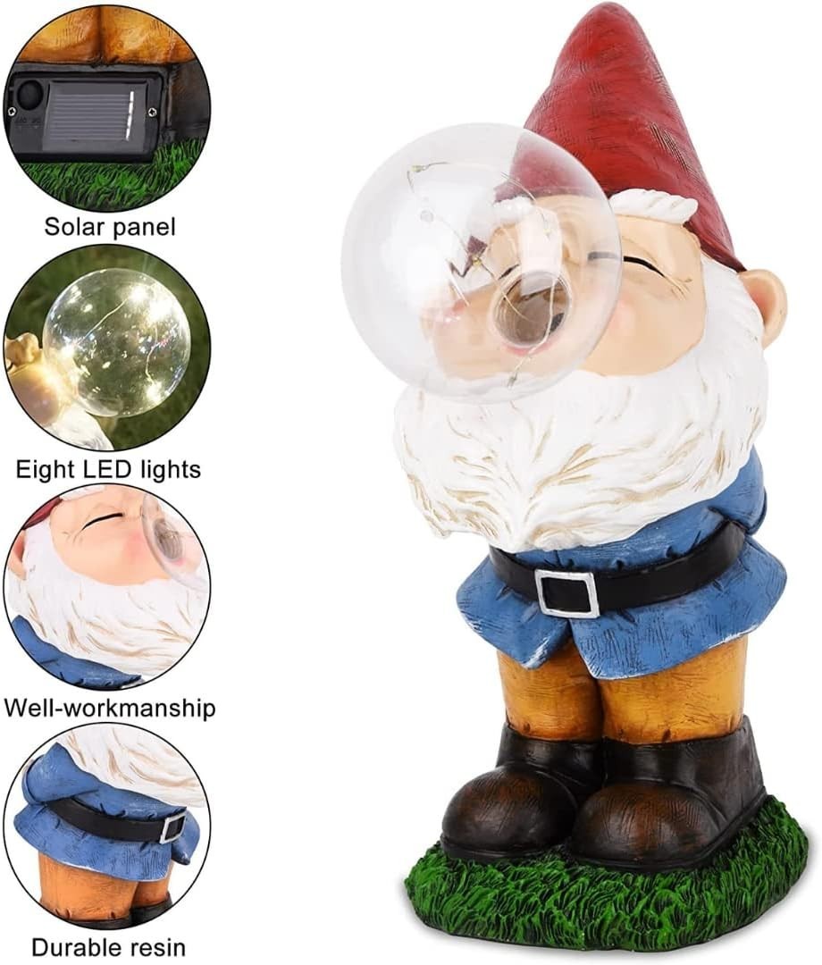 Solar Garden Gnome Bubble Blowing Statue LED Outdoor Lawn Patio Ornament 22cm