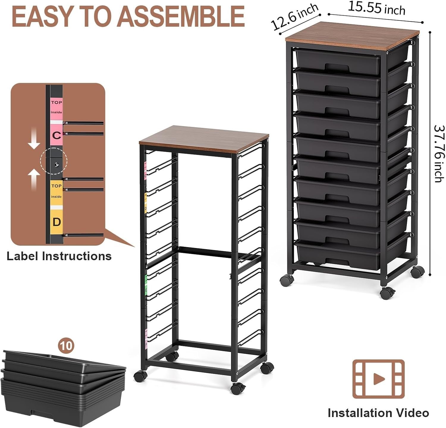 Black 10 Drawer Rolling Storage Trolley Craft Organizer with Wooden Top