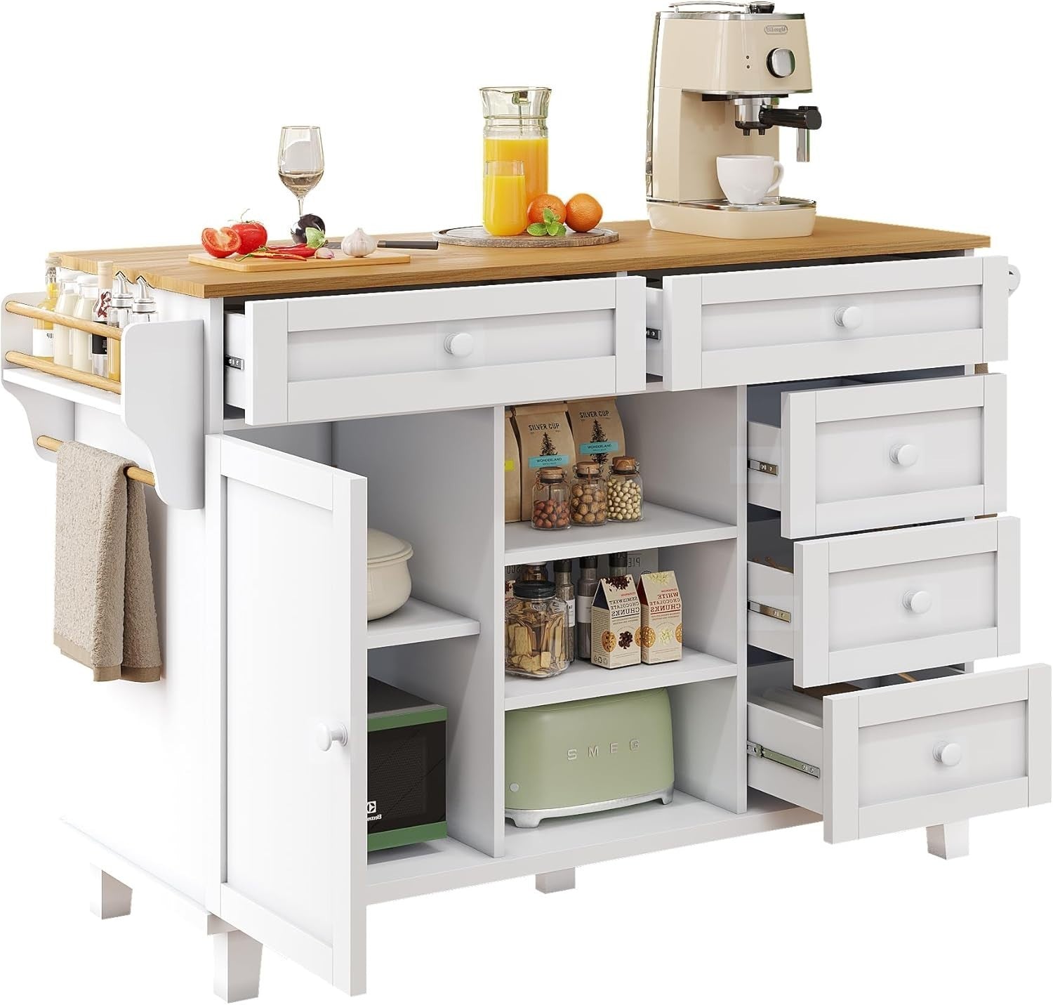Kitchen Island Trolley with 5 Drawers & Shelves | 134x46x92cm Storage Cart