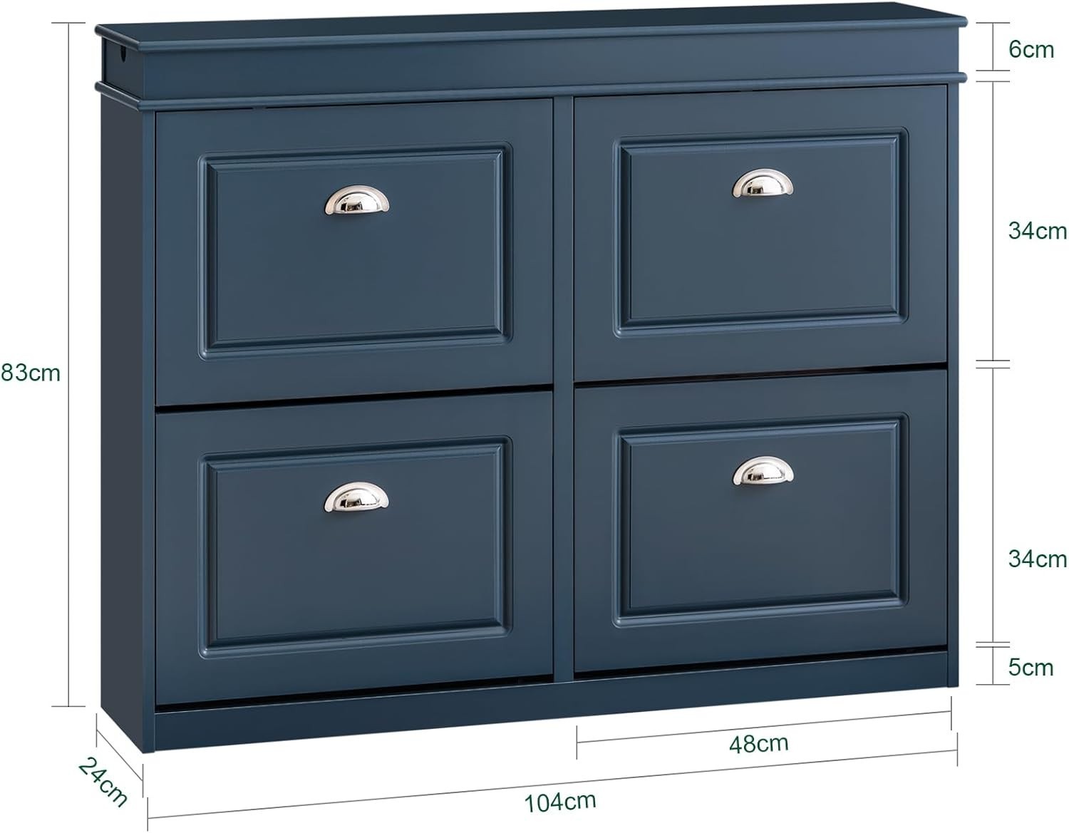 Slim Blue Shoe Storage Cabinet with 4 Flip Drawers, Space-Saving 104x24x83cm