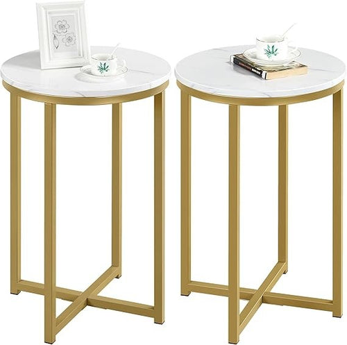 Round Marble Side Tables Set of 2, Gold Metal Frame, Modern X-Base Sofa