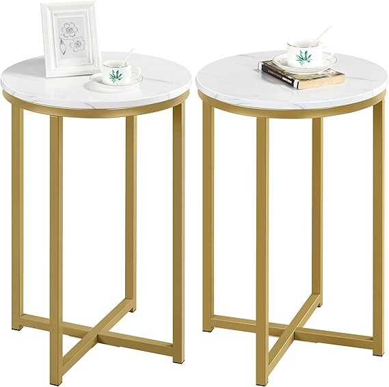 Round Marble Side Tables Set of 2, Gold Metal Frame, Modern X-Base Sofa