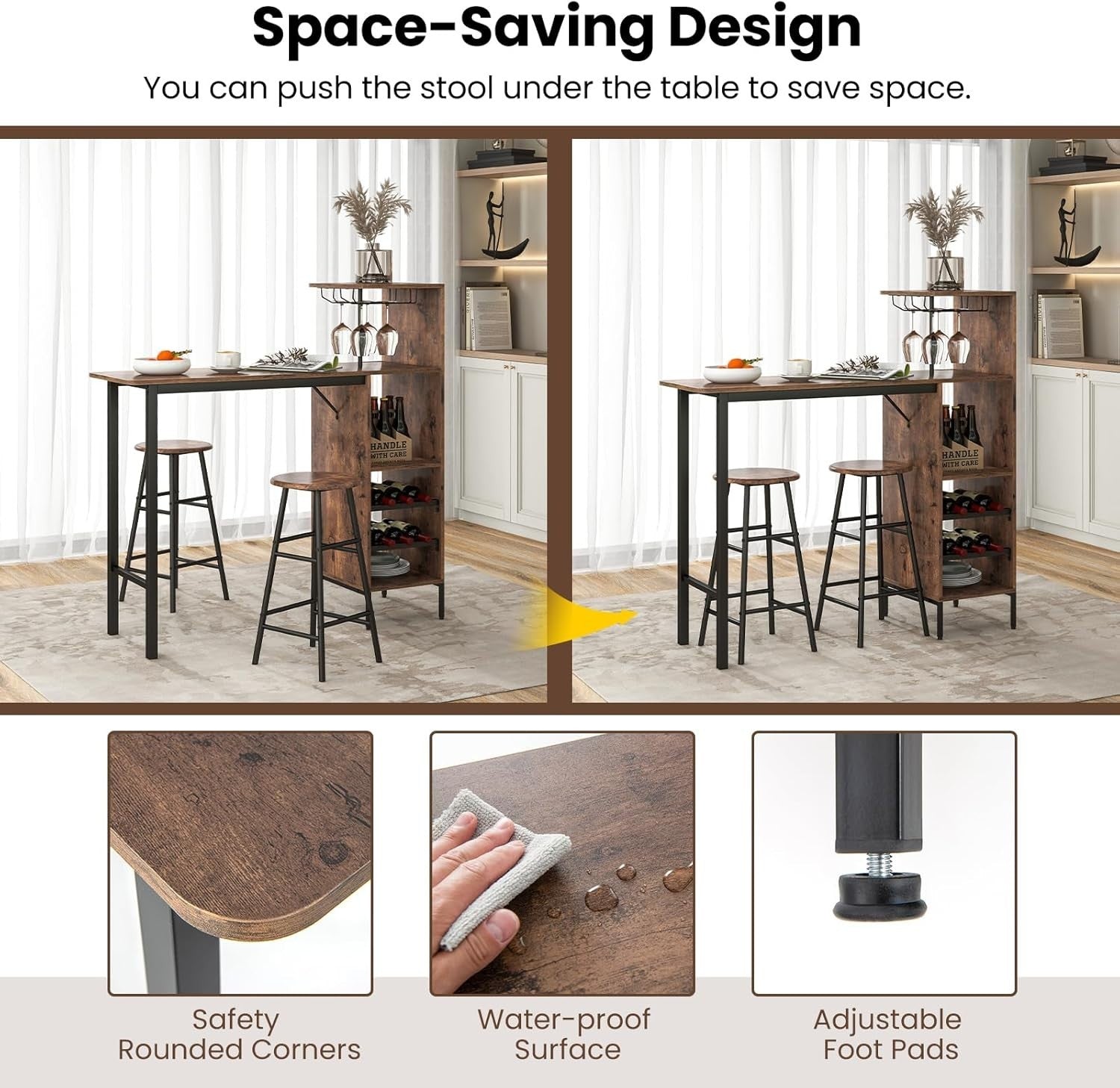 Rustic Brown Bar Table Set with Stools, Storage Shelves, Wine Rack & Foot Pads