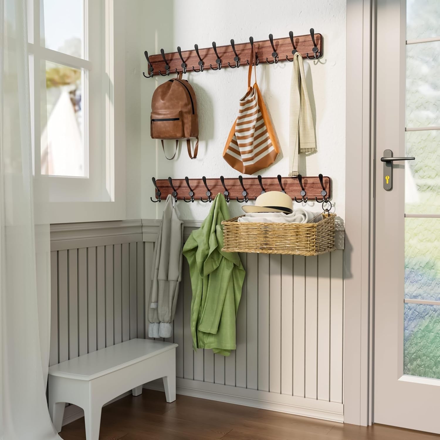 Set of 2 Brown Wooden Wall Coat Racks | Heavy Duty 10 Hook Rustic Organizer 38