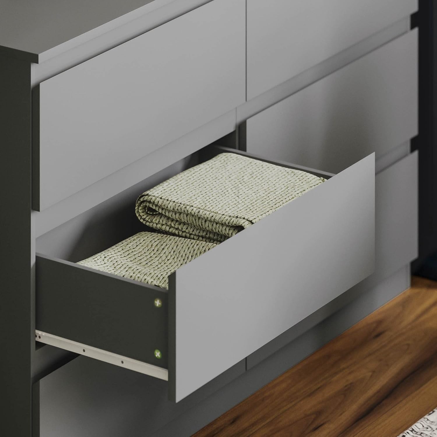 Modern 6-Drawer Grey Wooden Chest Storage Unit - Space-Saving Bedroom Organizer
