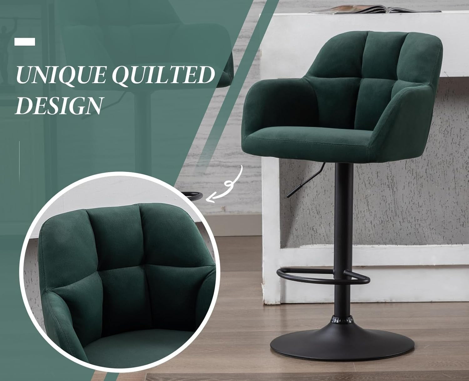 Adjustable Green Velvet Bar Stools Set of 2 Swivel Kitchen Counter