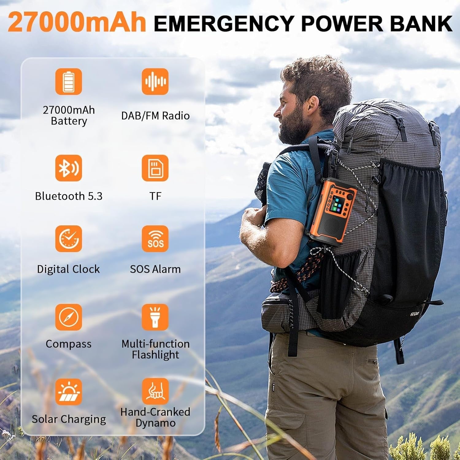 Portable DAB Radio with 27000mAh Battery | Bluetooth, FM, SOS, Torch