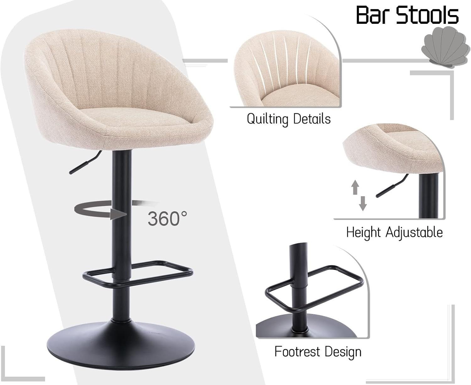 Bar Stools Set of 2 | Beige L-Shaped Adjustable Counter Chairs