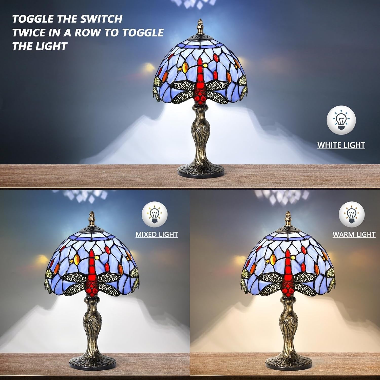 Stained Glass Table Lamp Blue Dragonfly Night Light for Bedroom Office
