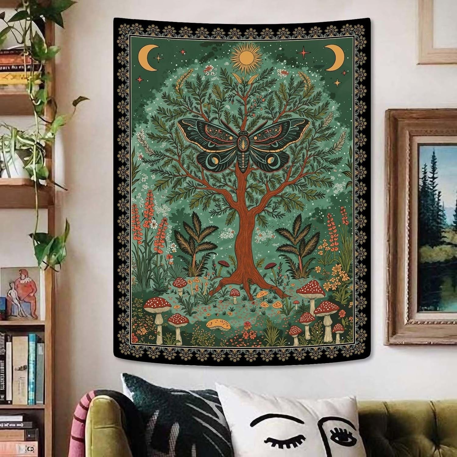 Magical Forest Tree of Life Tapestry Celestial Moth Boho 36x48