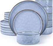 18pc Stoneware Dinner Set Plates Bowls Reactive Glaze Service for 6 Blue
