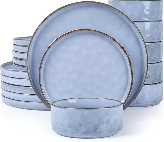 18pc Stoneware Dinner Set Plates Bowls Reactive Glaze Service for 6 Blue