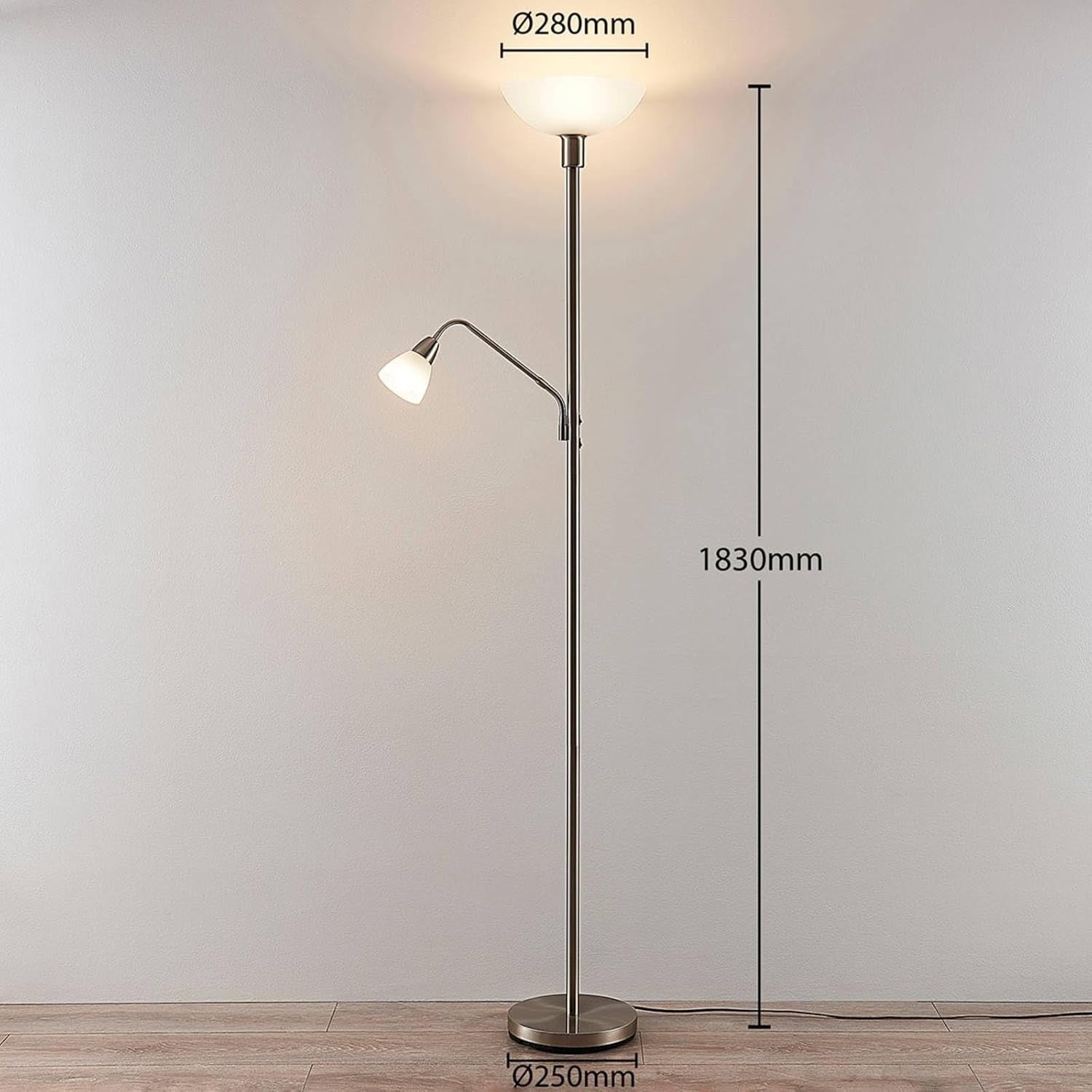Silver Uplighter Floor Lamp with Reading Light Satin Nickel Frosted Glass