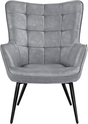 Grey High Back Faux Leather Accent Chair Tufted Armchair Lounge