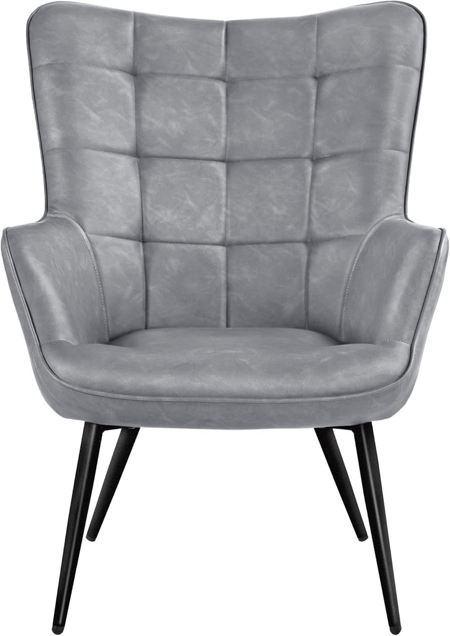 Grey High Back Faux Leather Accent Chair Tufted Armchair Lounge
