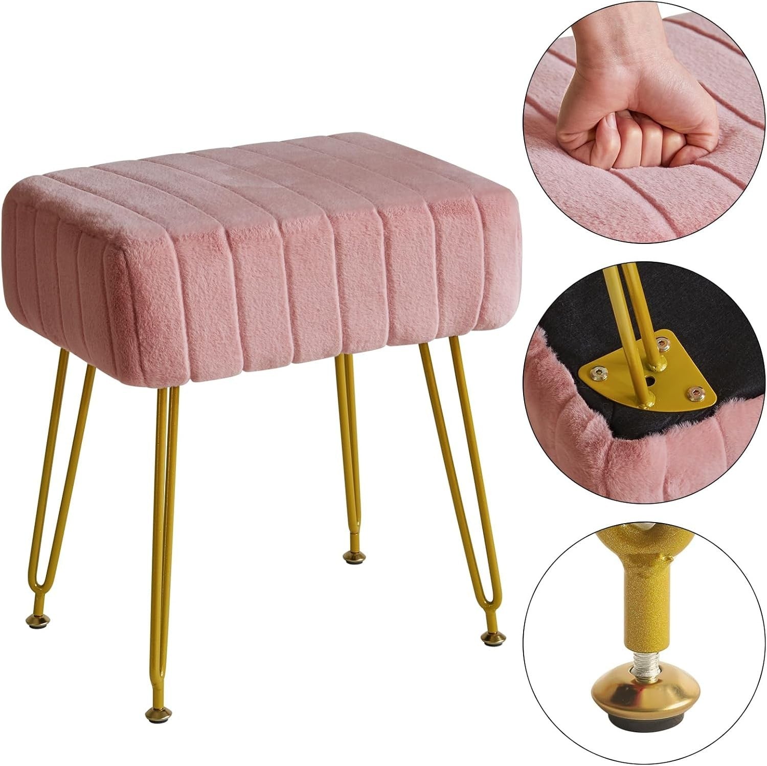 Pink Velvet Footrest Ottoman – Modern Vanity Stool with Gold Metal Legs