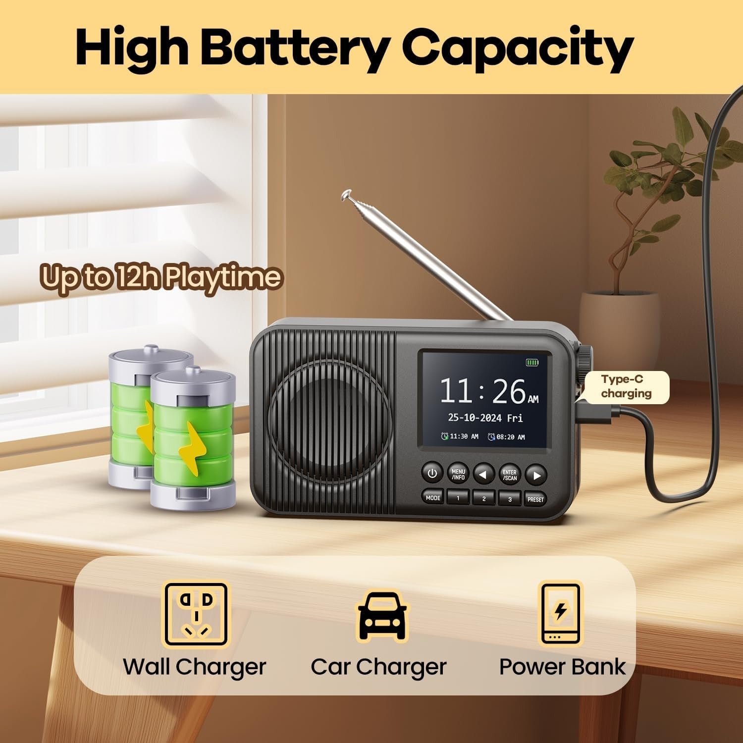 Portable DAB Digital Radio Bluetooth Rechargeable Dual Alarm Colour Display