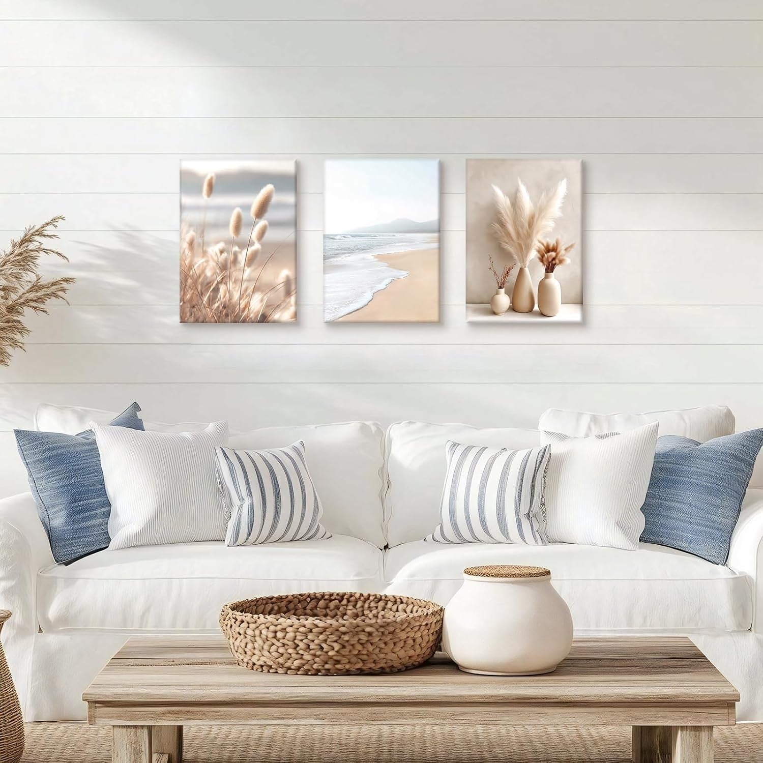 Boho Pampas Grass Canvas Wall Art 40x60 cm Set of 3 Framed Prints