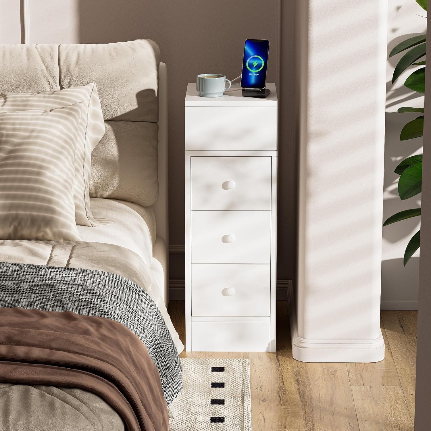 Slim White 3 Drawer Bedside Table with Charging Station | Modern Bedroom Storage