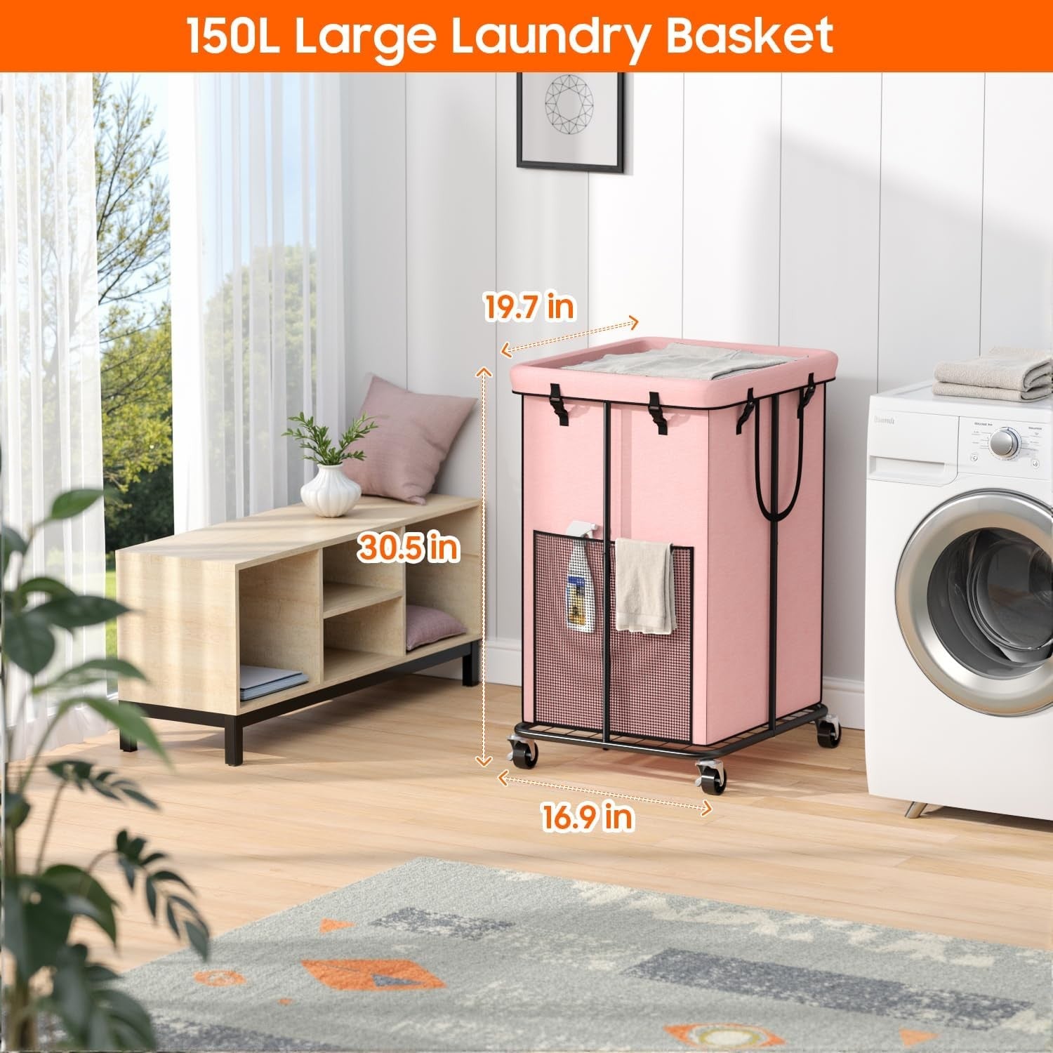 150L Tall Rolling Laundry Hamper Pink Metal Frame with Removable Bag & Wheels