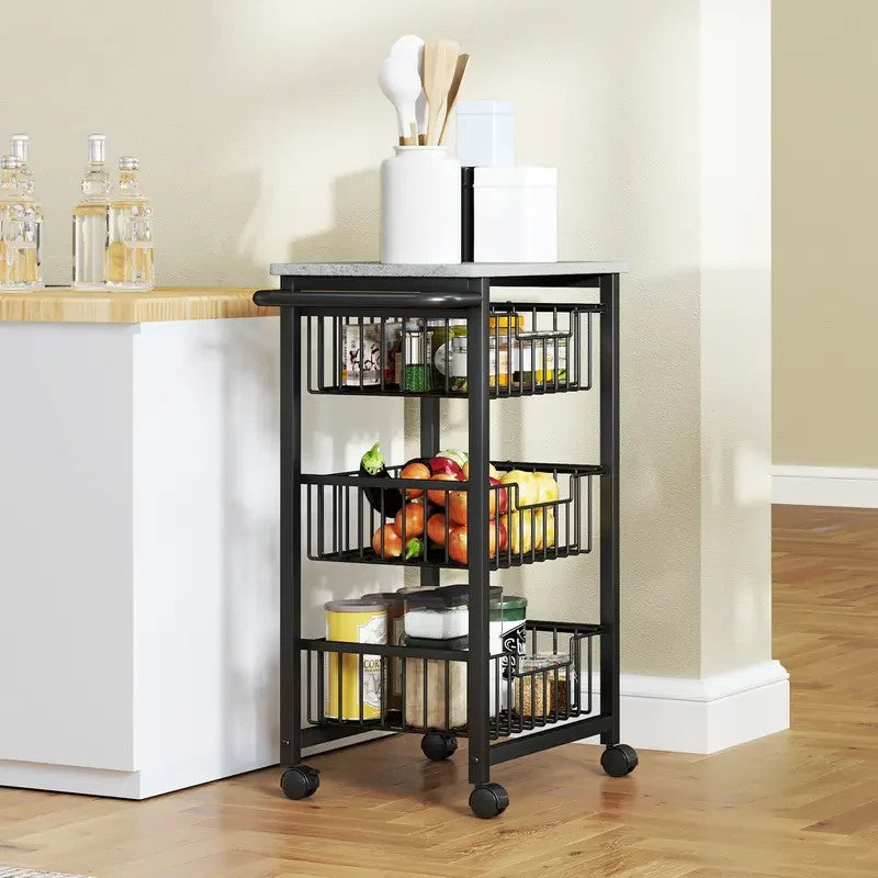 Rolling Kitchen Trolley with 5 Mesh Baskets & Marble Top – Light Grey