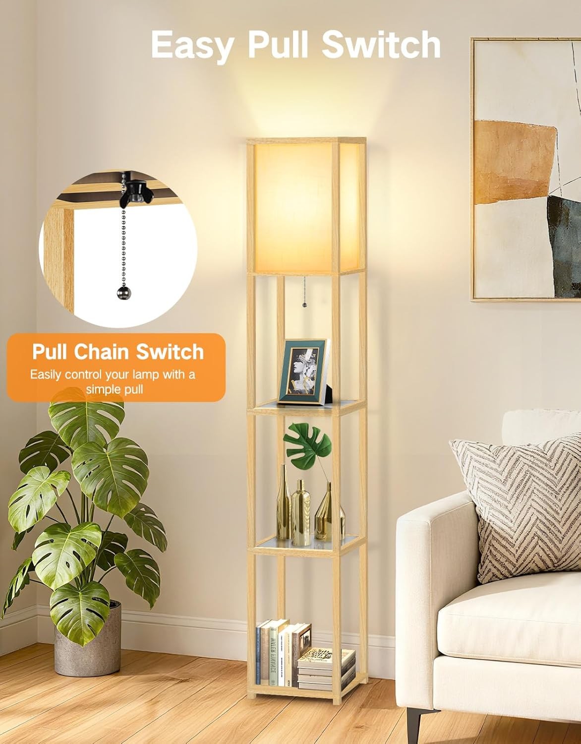 Floor Lamp with Shelves LED Adjustable Colour Standing Storage Light Wood