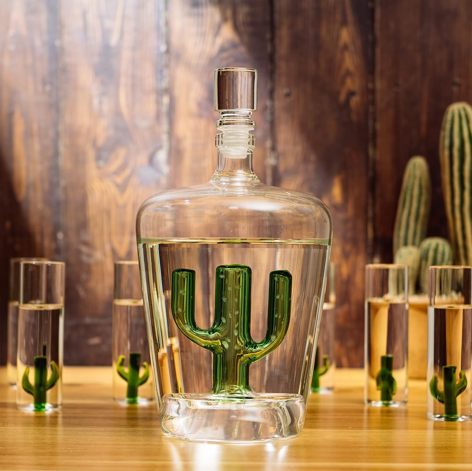 Cactus Tequila Decanter Set with 6 Shot Glasses Luxury Bar Display Gift