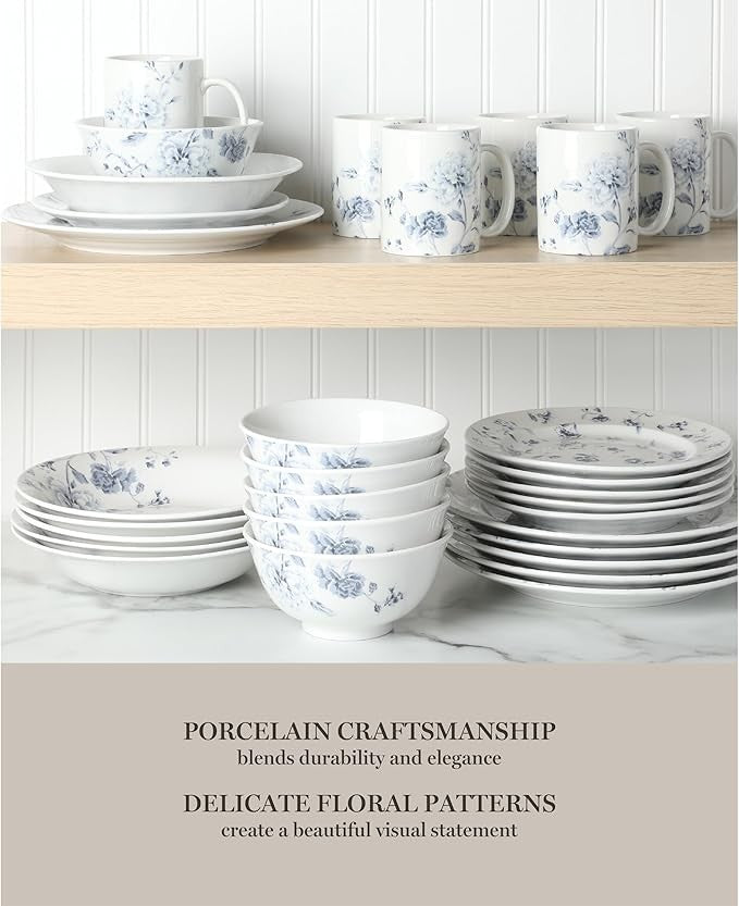 30pc Floral Porcelain Dinnerware Set Service for 6 Plates Bowls Mugs Blue