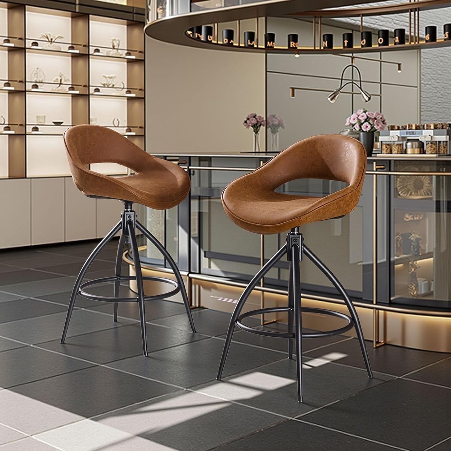 360° Swivel Bar Stools Set of 2 | Brown PU Leather Counter Chairs w/ Back