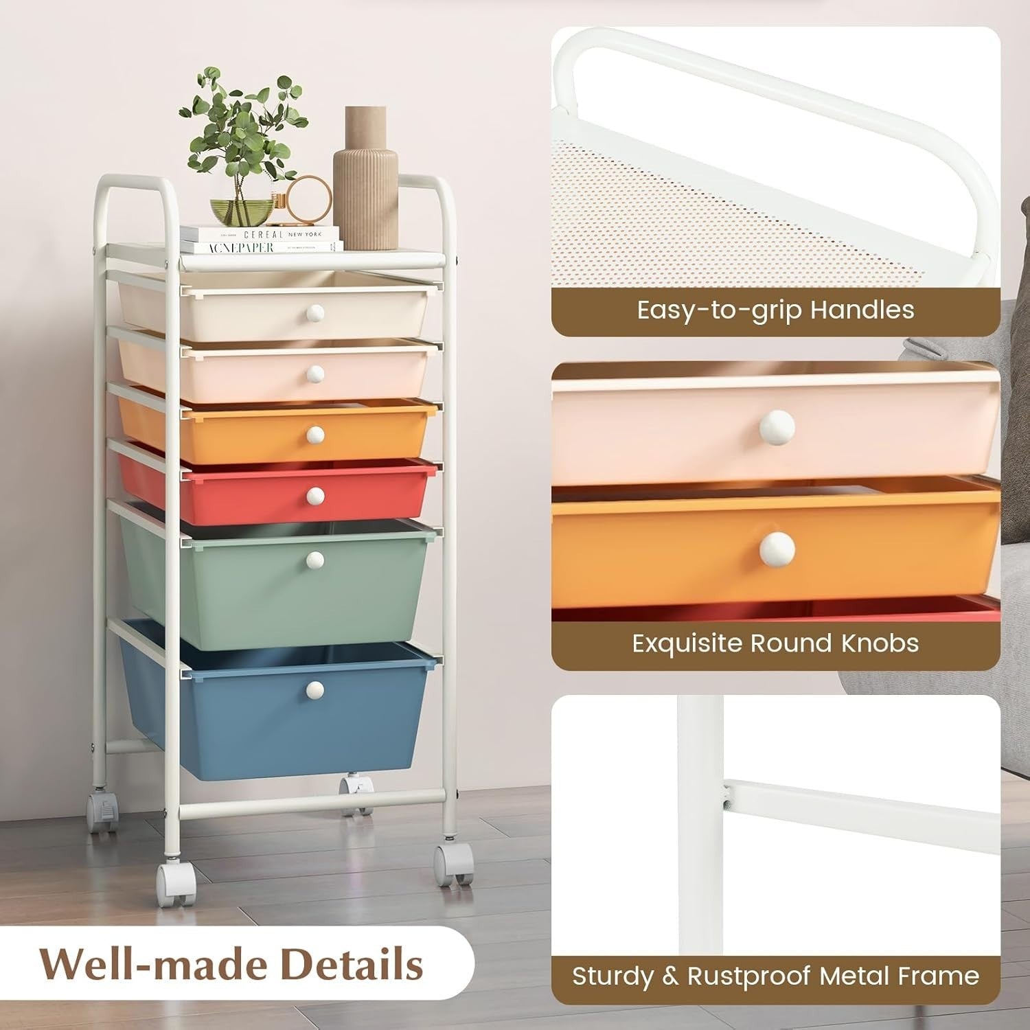 Colorful 6 Drawer Rolling Storage Cart Craft Office Beauty Organizer
