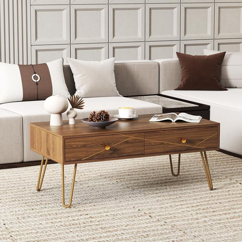 Modern Coffee Table with Storage Drawers & Gold Legs – 100cm, Brown