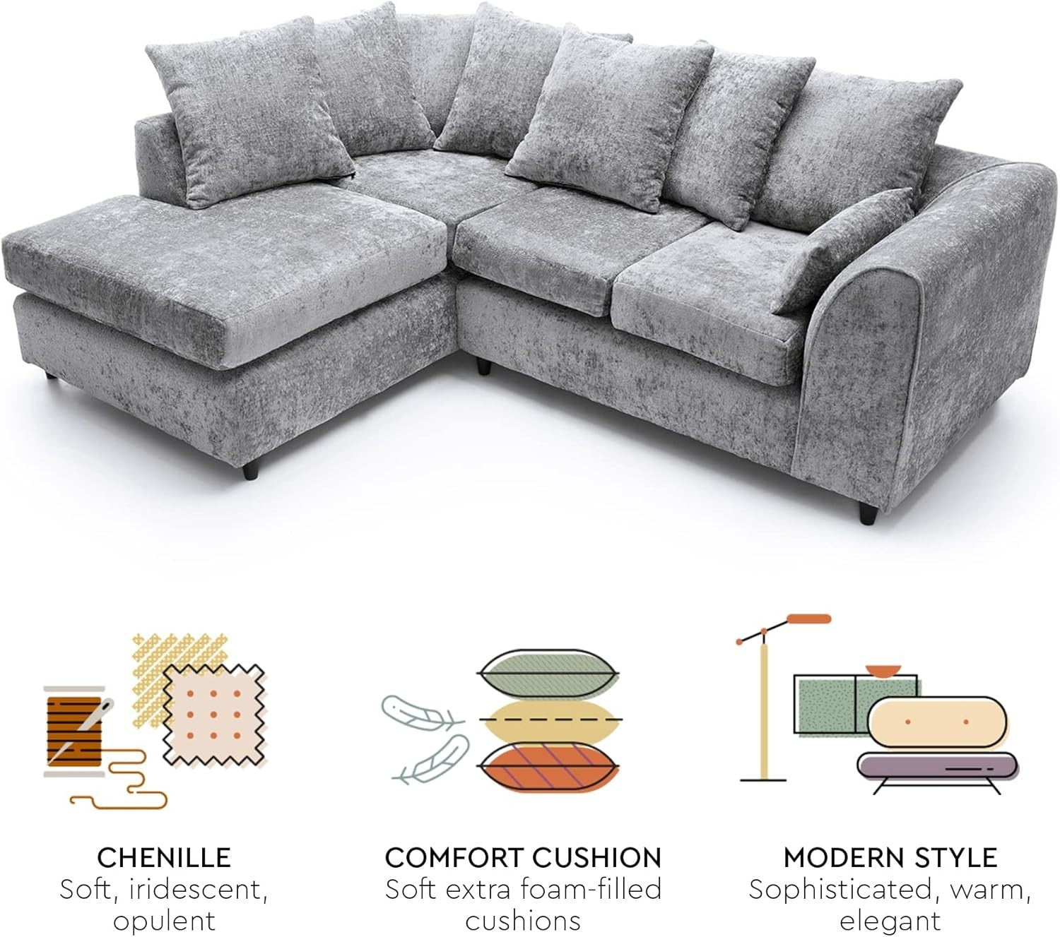 L Shaped Corner Sofa Light Grey Chenille – 5 Seater Couch w/ Cushions & Support
