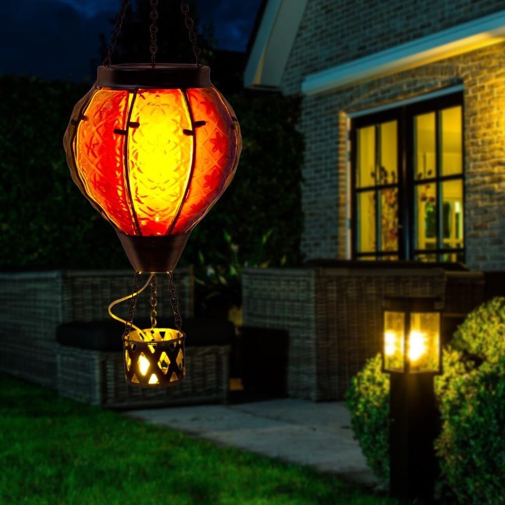 Hot Air Balloon Solar Lantern Flame LED Glass Garden Decor