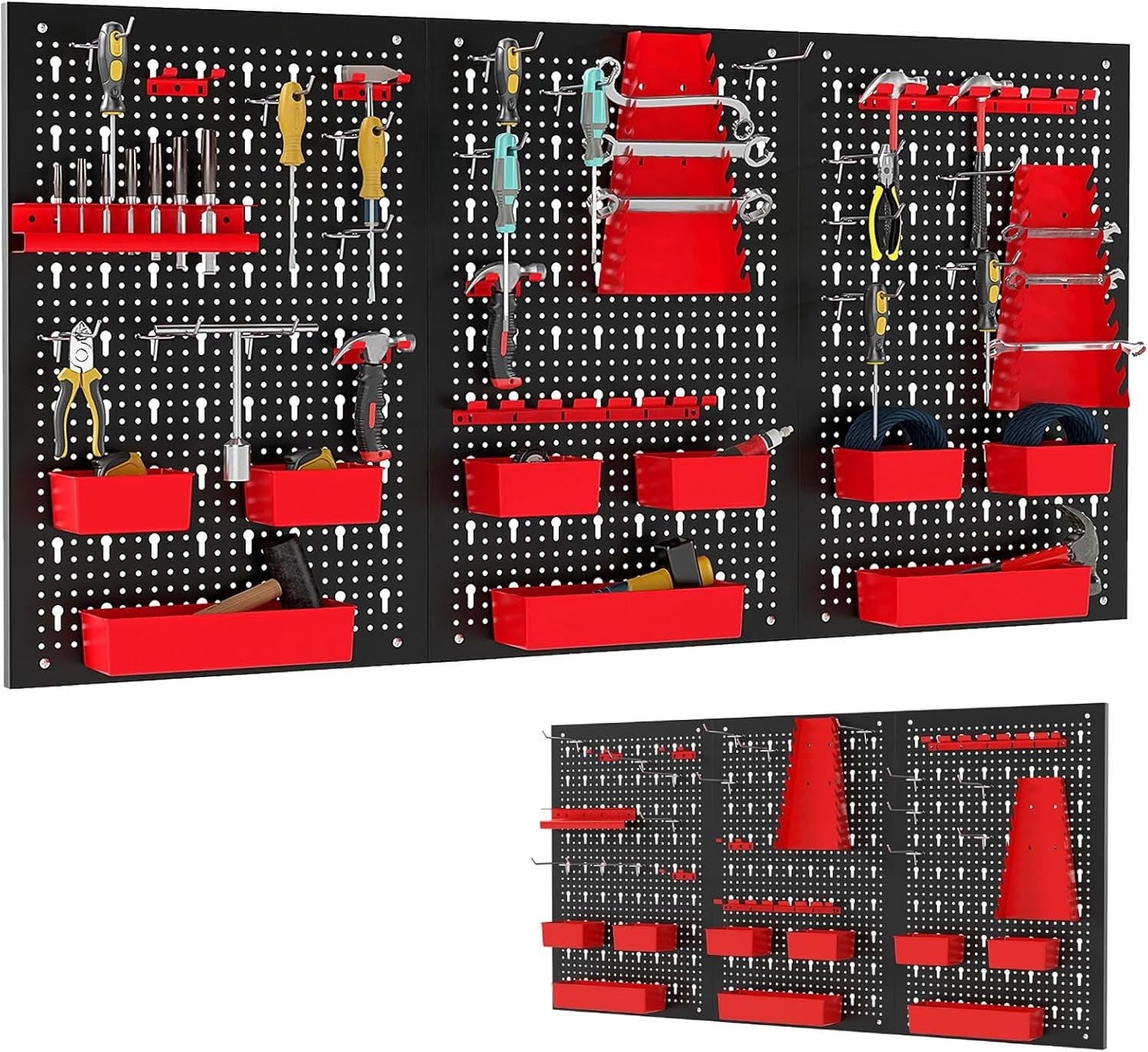 Customizable Wall-Mount Pegboard Kit 3PCS 120x60cm Alloy Steel Black+Red
