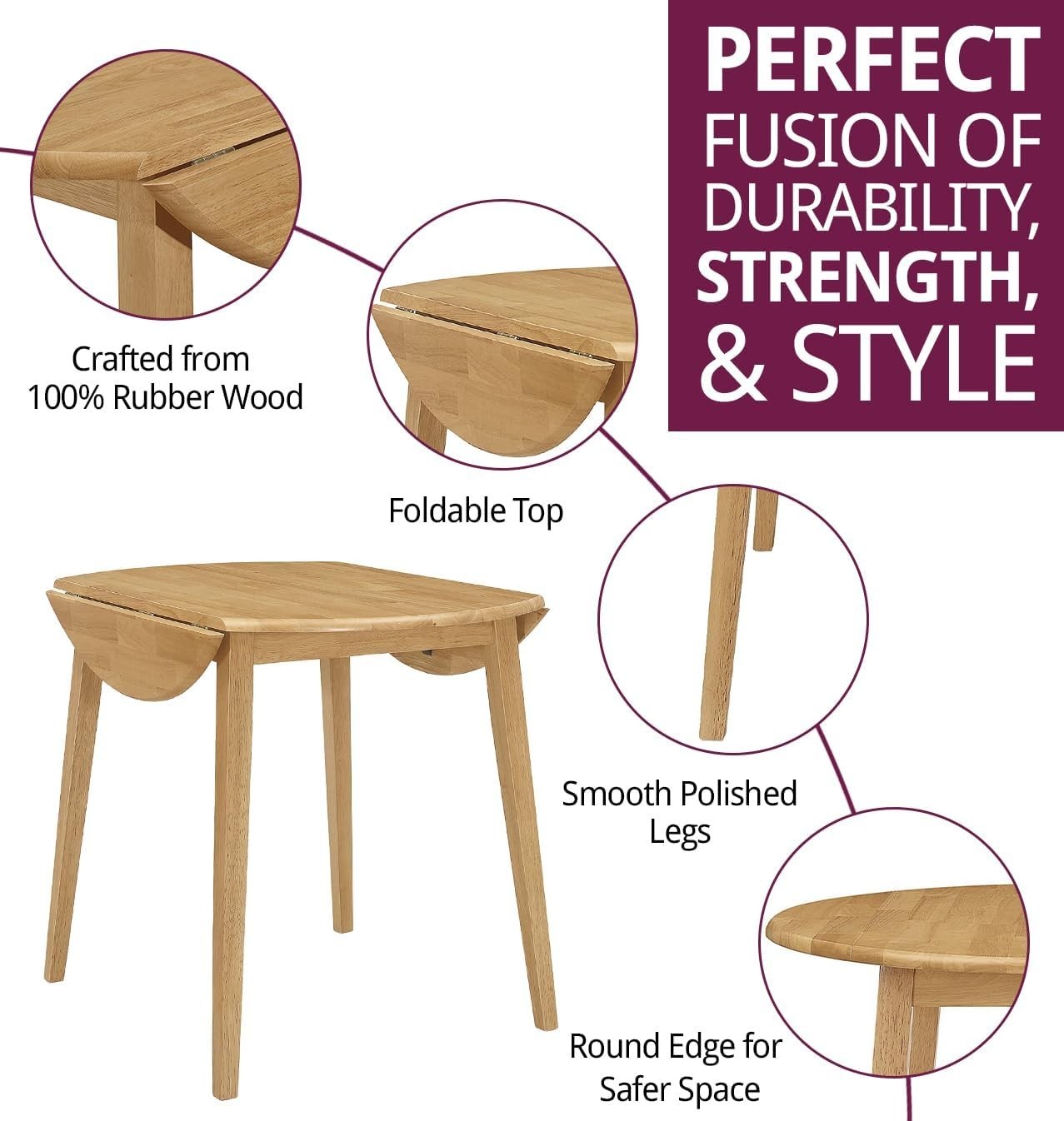 Solid Round Drop Leaf Dining Table Light Oak Space-Saving Extendable