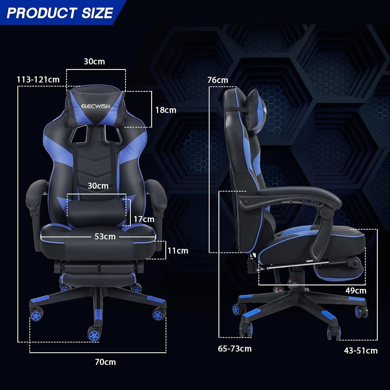 Ergonomic Gaming Chair with Footrest Massage 150° Recline Blue
