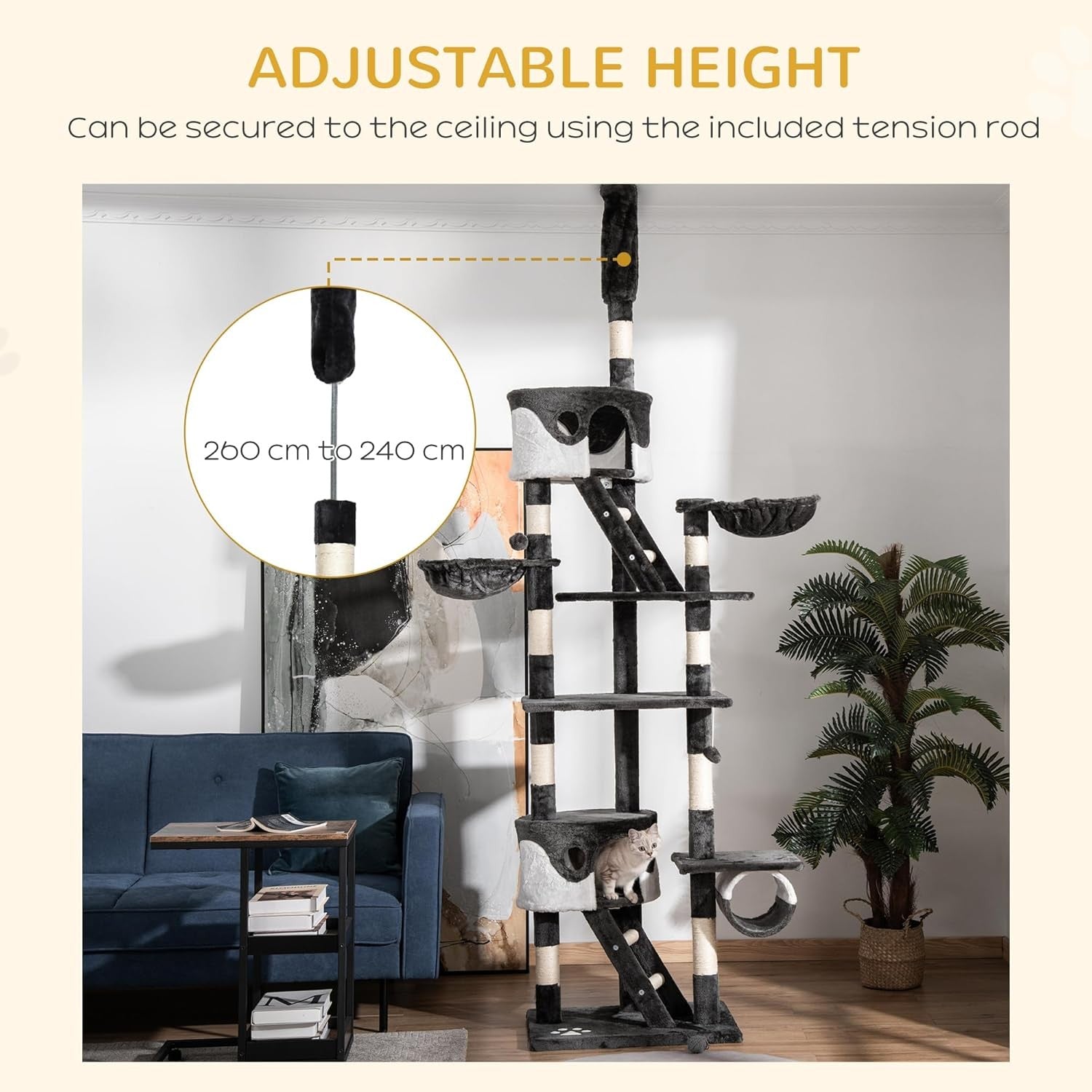 Floor to Ceiling Cat Tree 260cm Adjustable Tower with Hammocks Scratching Posts